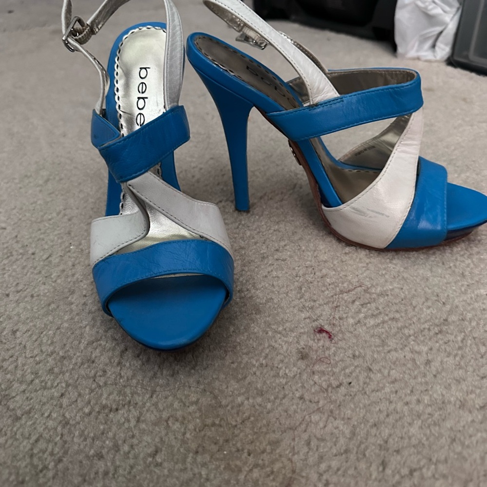 Bebe Strappy Blue and White Heels